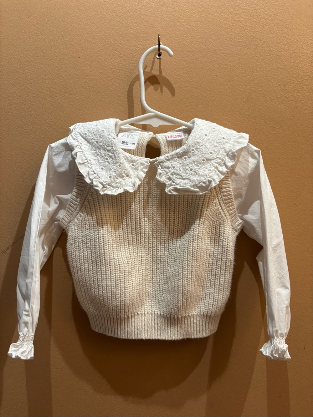 Zara kids 2-in-1 cream ribbed knit sweater vest over white long-sleeve 18-24 M
